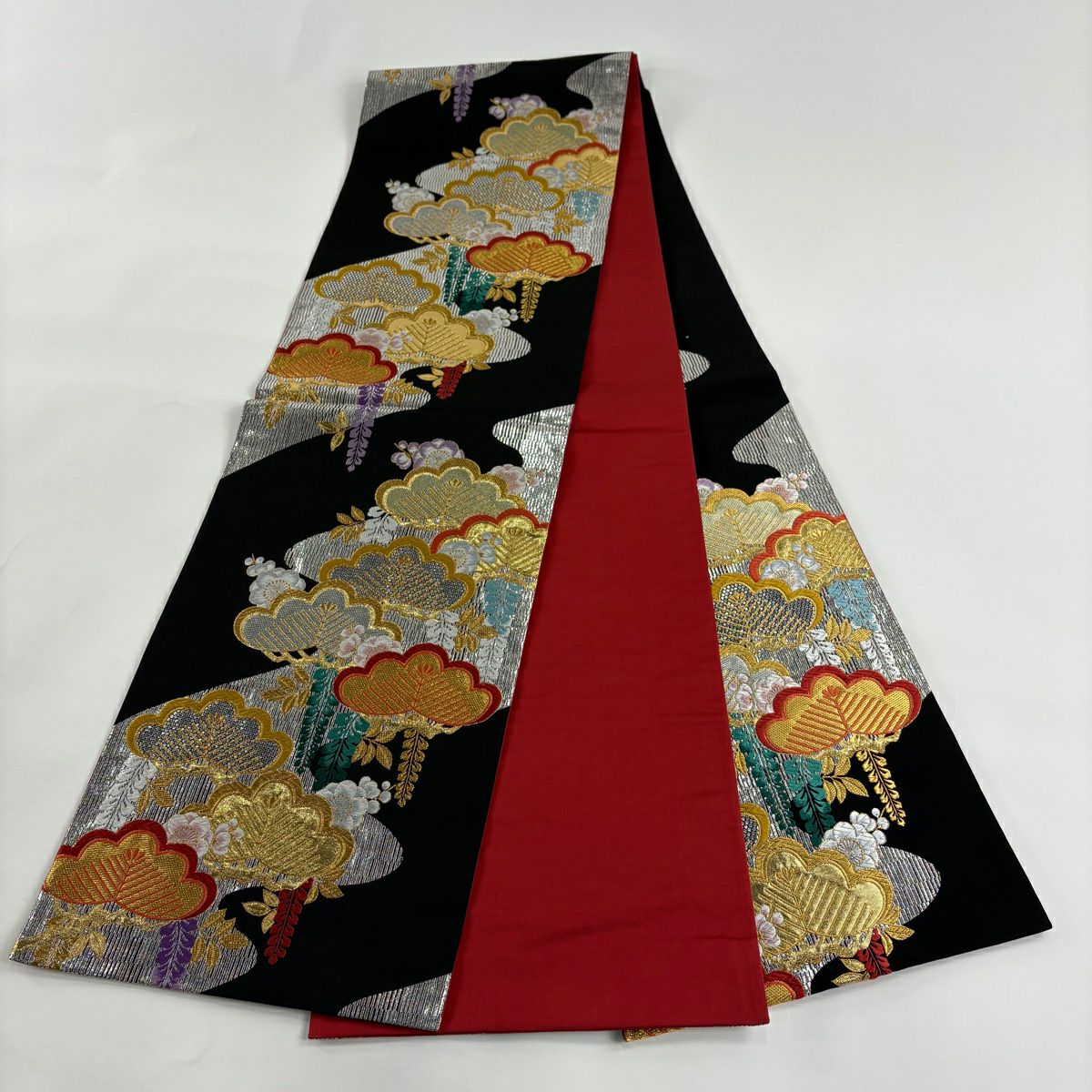 【美品】 袋帶 秀品級 松樹梅花 藤 唐織 金金箔 黑 六通 純蠶絲