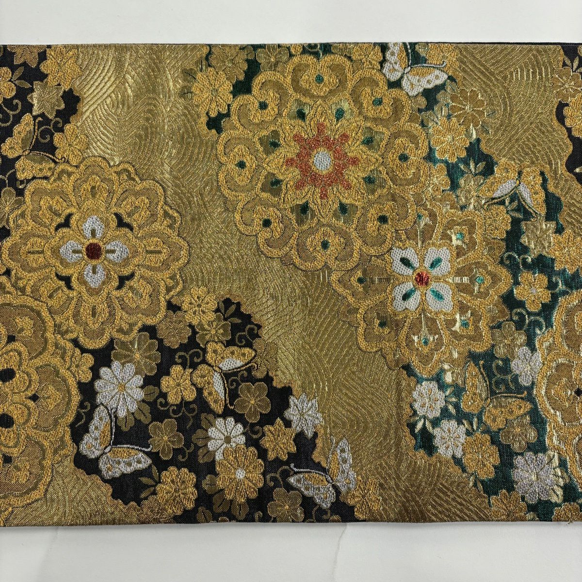 袋帶 秀品級 振袖禮服禮服用 華紋 花唐草紋 金銀絲 金金箔 綠 六通 純蠶絲