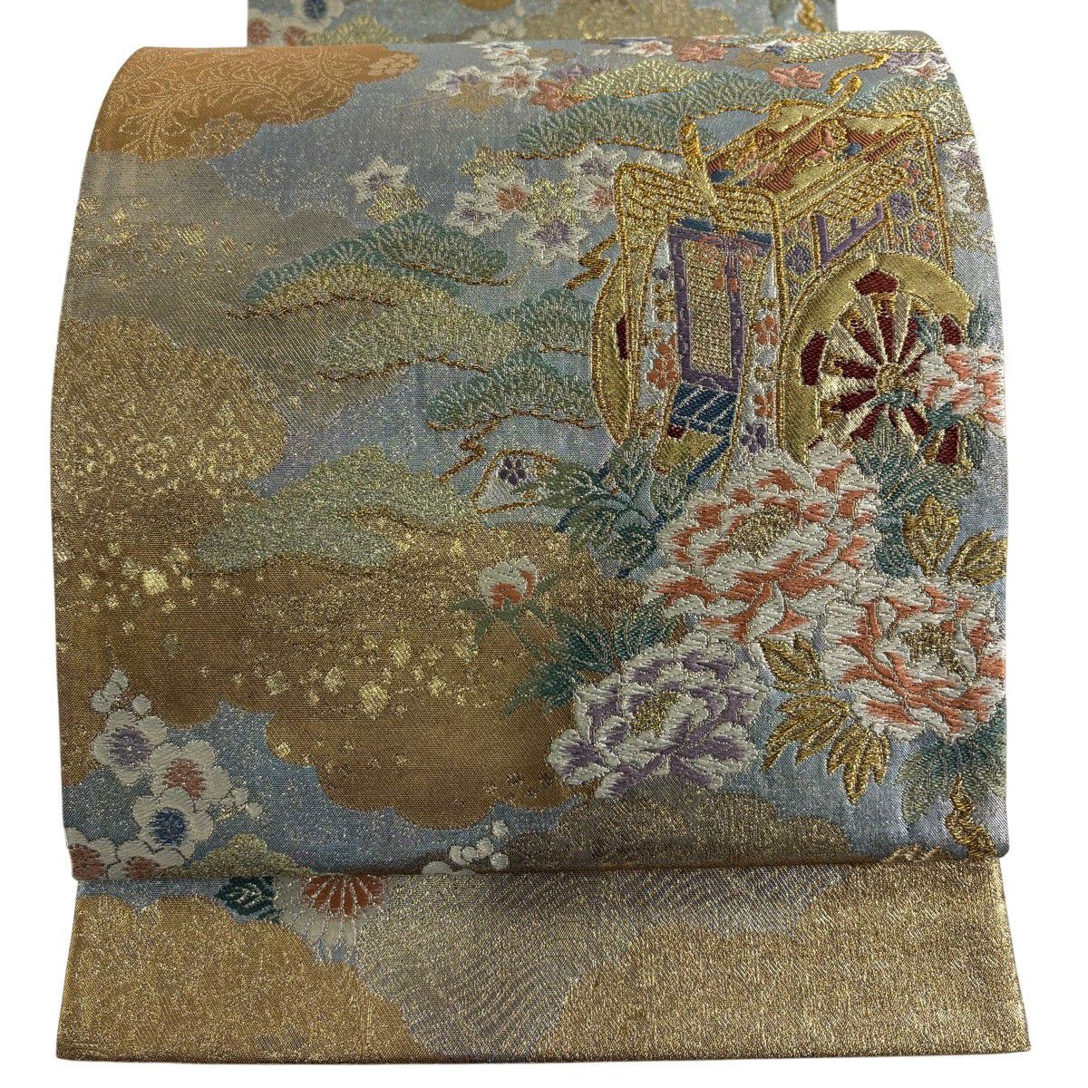 袋帶 秀品級 御所車 笠松樹 金糸 金金箔 青灰 深藍 純蠶絲