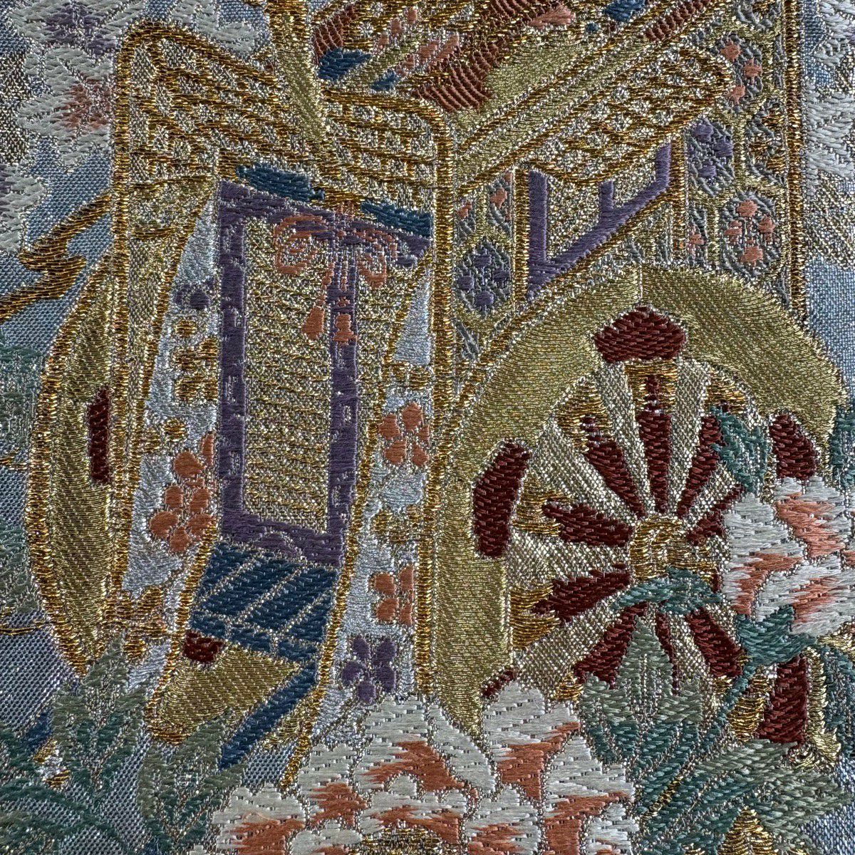 袋帶 秀品級 御所車 笠松樹 金糸 金金箔 青灰 深藍 純蠶絲