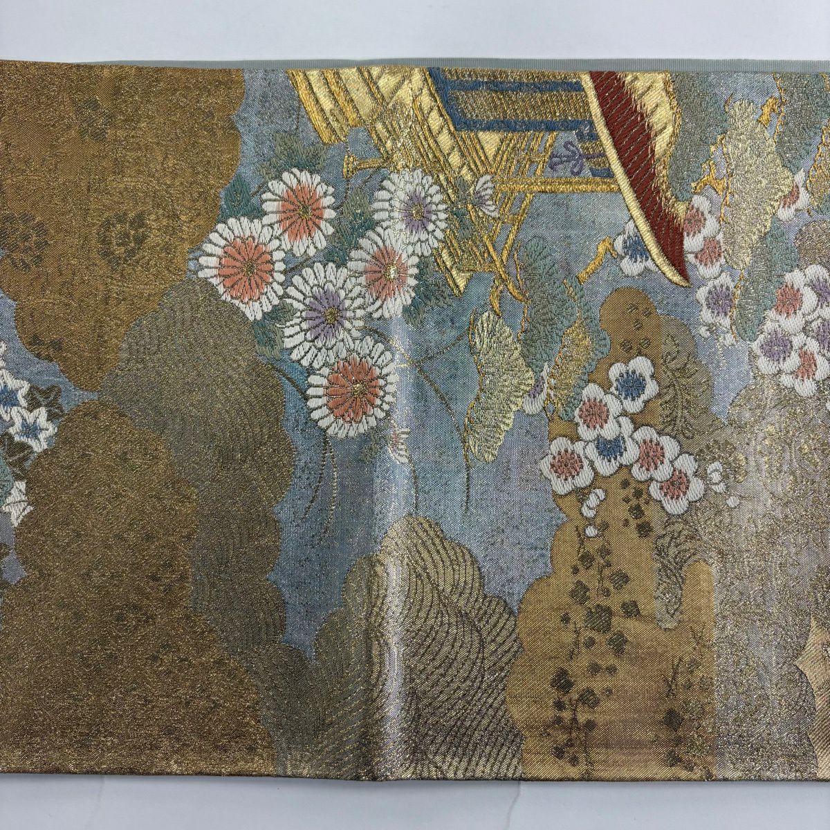 袋帶 秀品級 御所車 笠松樹 金糸 金金箔 青灰 深藍 純蠶絲