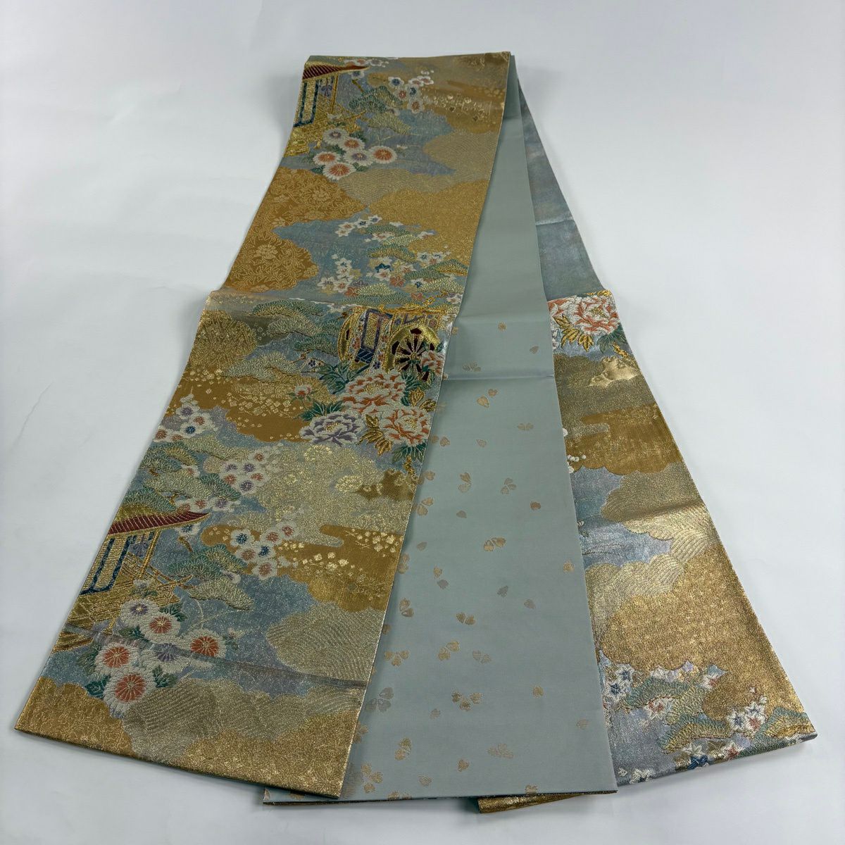 袋帶 秀品級 御所車 笠松樹 金糸 金金箔 青灰 深藍 純蠶絲