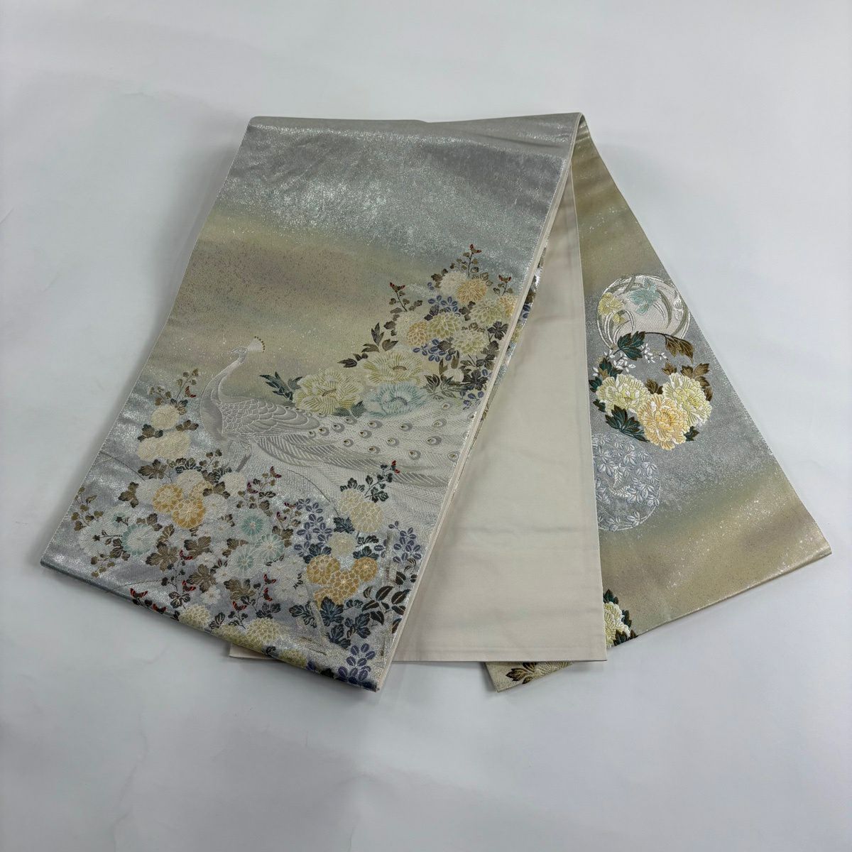 袋帶 秀品級 孔雀 菊花 金絲 金金箔 銀 素材 純蠶絲