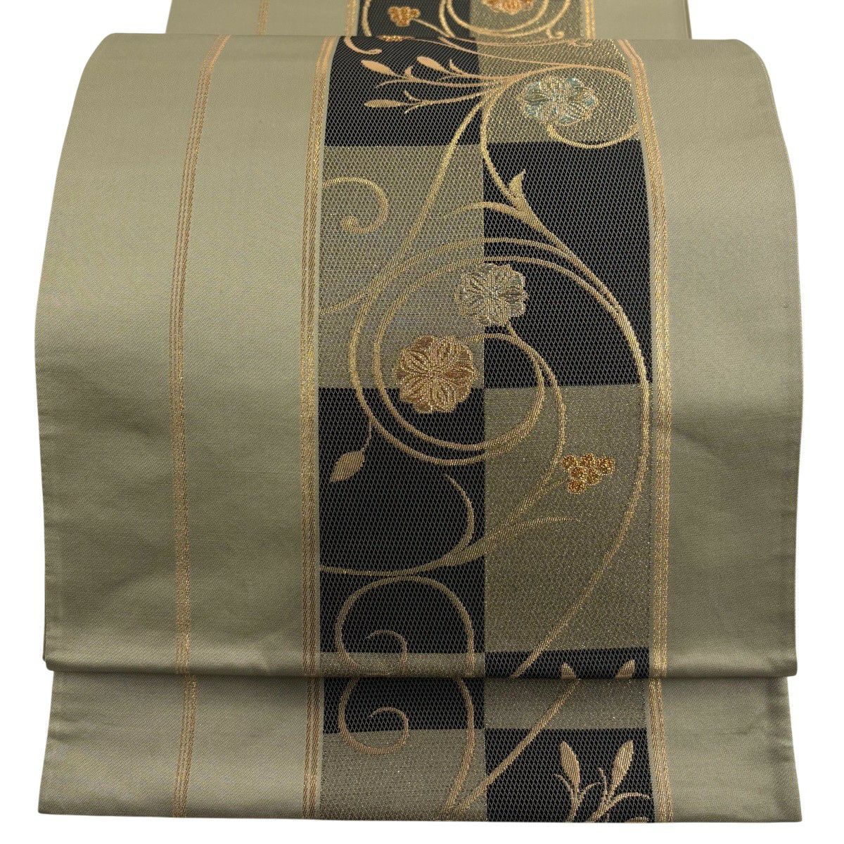 【美品】 袋帶 秀品級 花唐草紋 市松樹 金絲 金金箔 茶綠 六通 純蠶絲