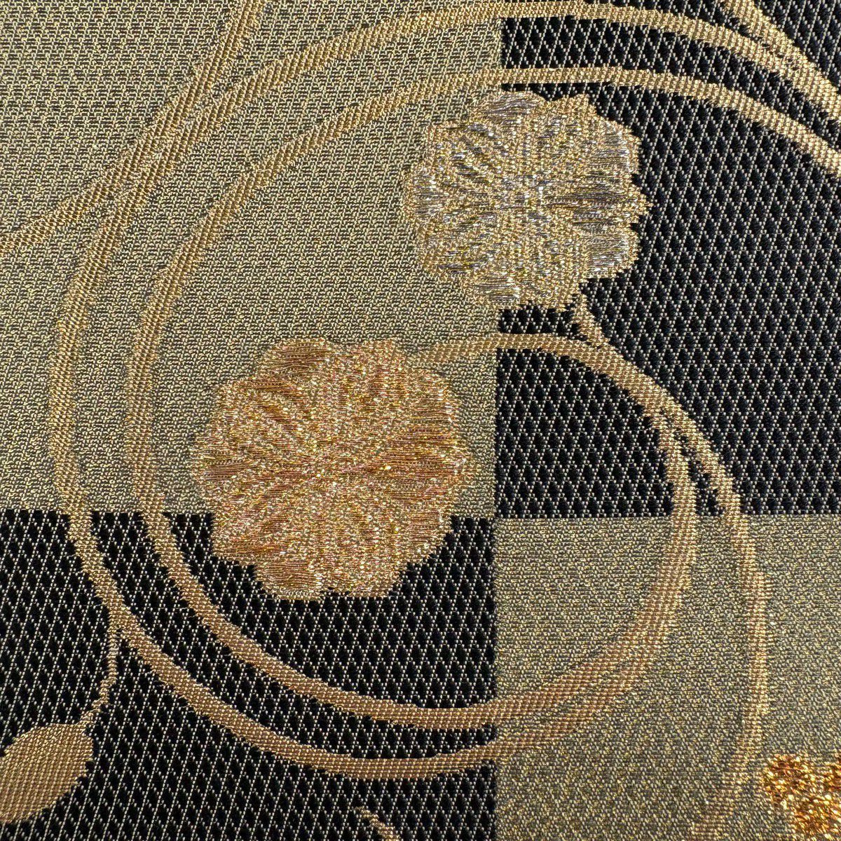 【美品】 袋帶 秀品級 花唐草紋 市松樹 金絲 金金箔 茶綠 六通 純蠶絲