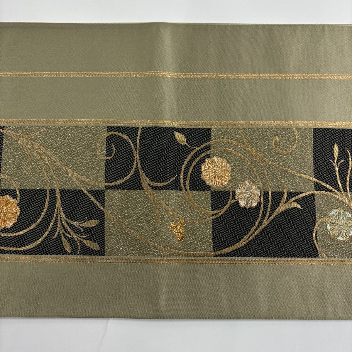 【美品】 袋帶 秀品級 花唐草紋 市松樹 金絲 金金箔 茶綠 六通 純蠶絲