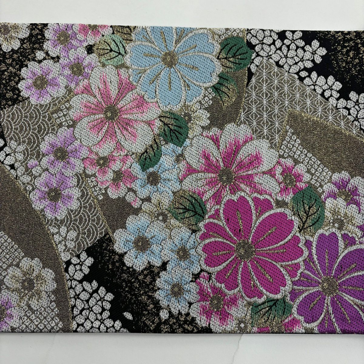 袋帶 秀品級 櫻花 宮中扇子面衣宴 金金箔 拉麵絲 黑 六通 純蠶絲