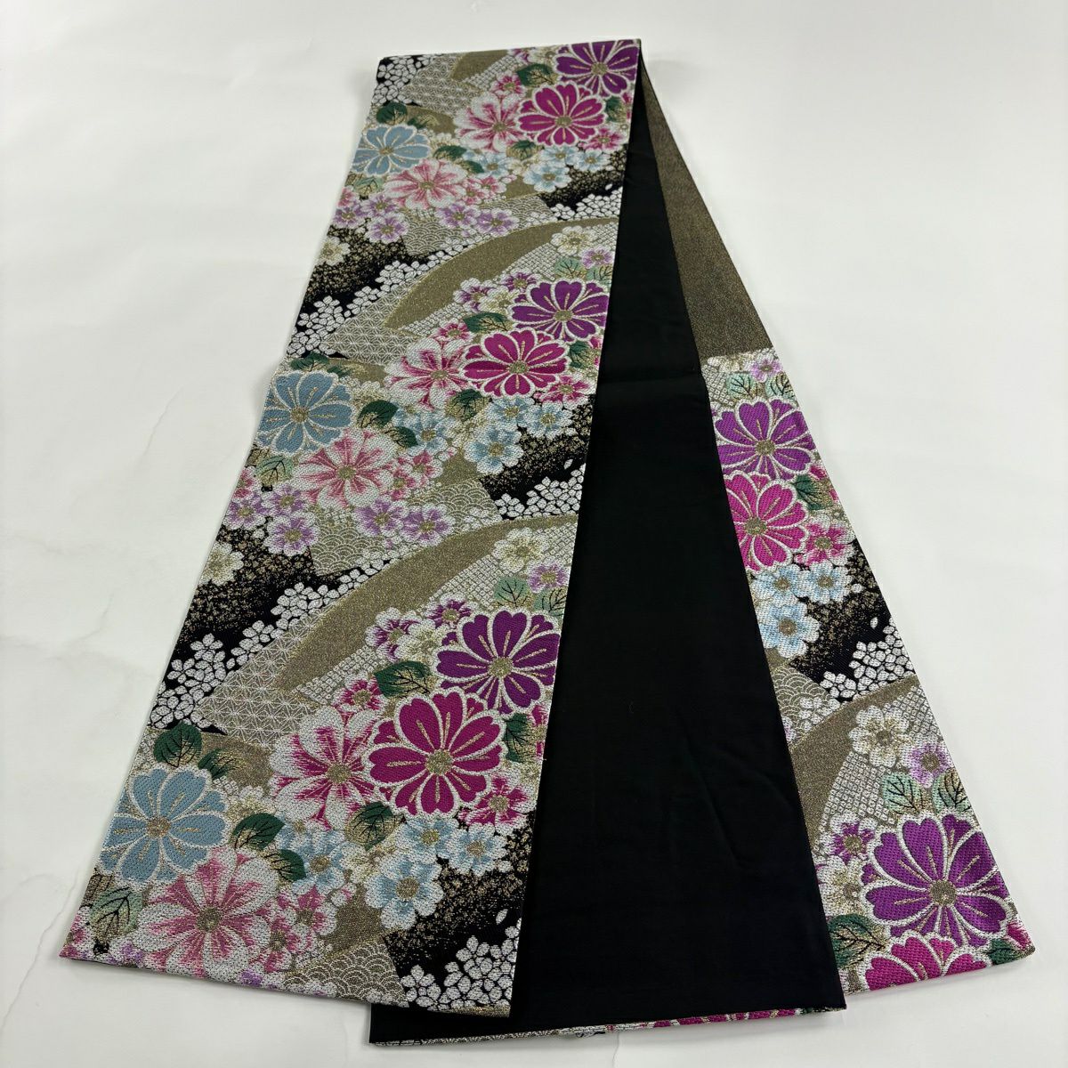 袋帶 秀品級 櫻花 宮中扇子面衣宴 金金箔 拉麵絲 黑 六通 純蠶絲