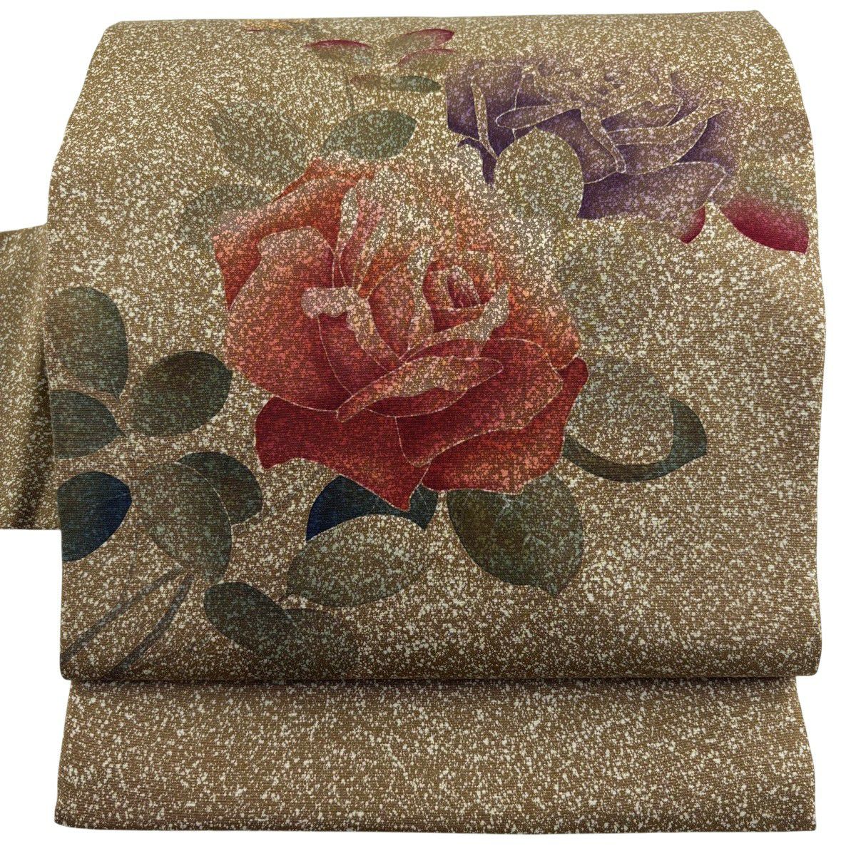 【美品】 名古屋帶 秀品級 薔薇 幾何圖案 茶 純蠶絲