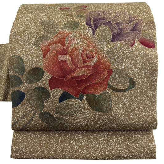 【美品】 名古屋帶 秀品級 薔薇 幾何圖案 茶 純蠶絲