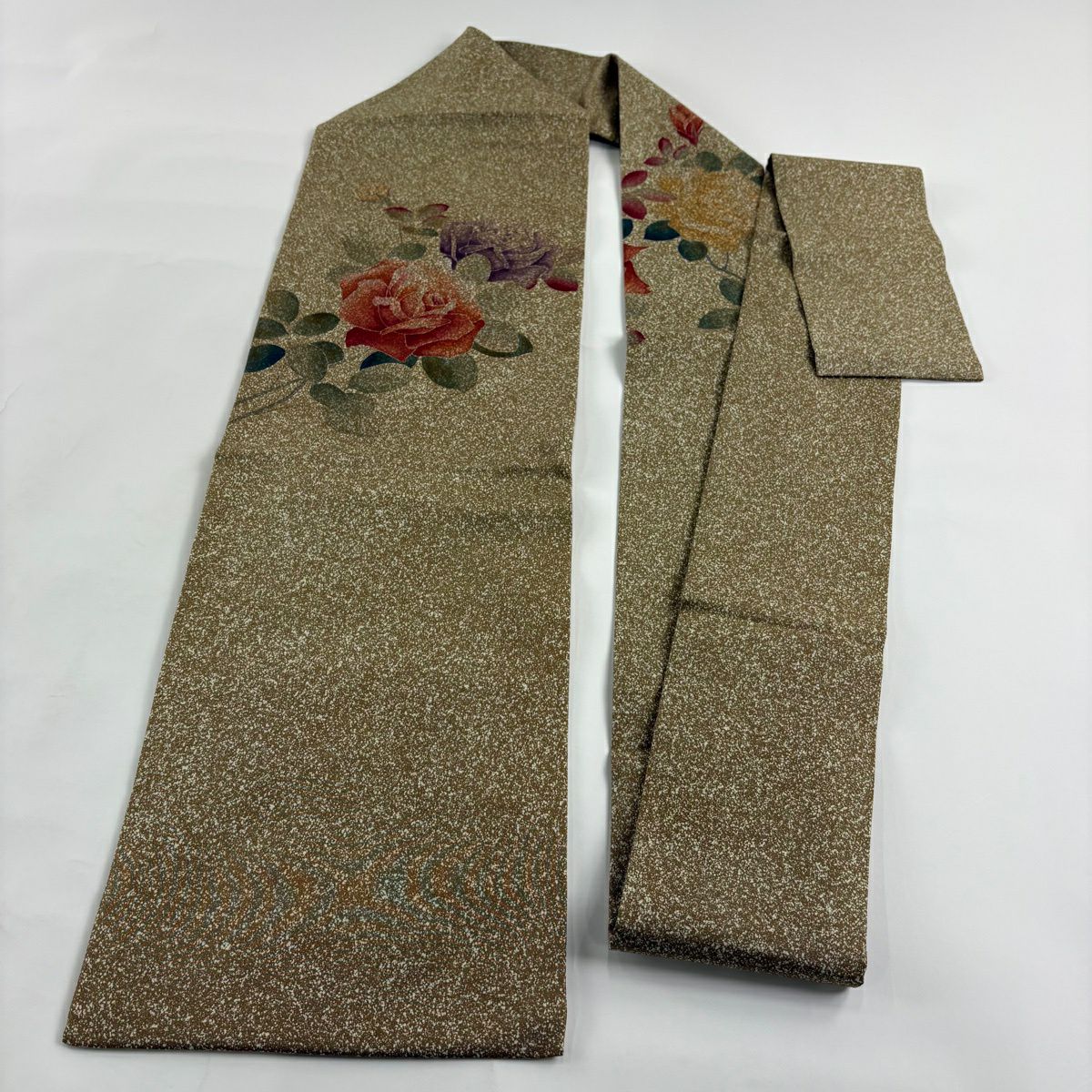 【美品】 名古屋帶 秀品級 薔薇 幾何圖案 茶 純蠶絲