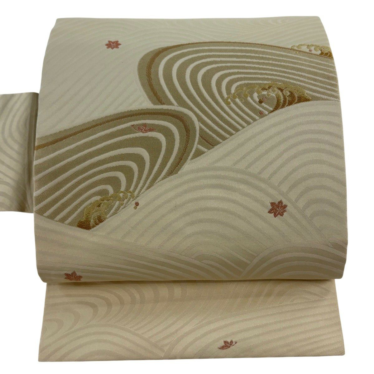 【美品】 名古屋帶 秀品級 波頭 楓葉 金絲 奶油色 純蠶絲