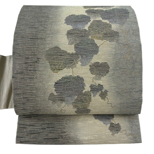 【美品】 名古屋帶 秀品級 蔦 金銀彩 灰 純蠶絲