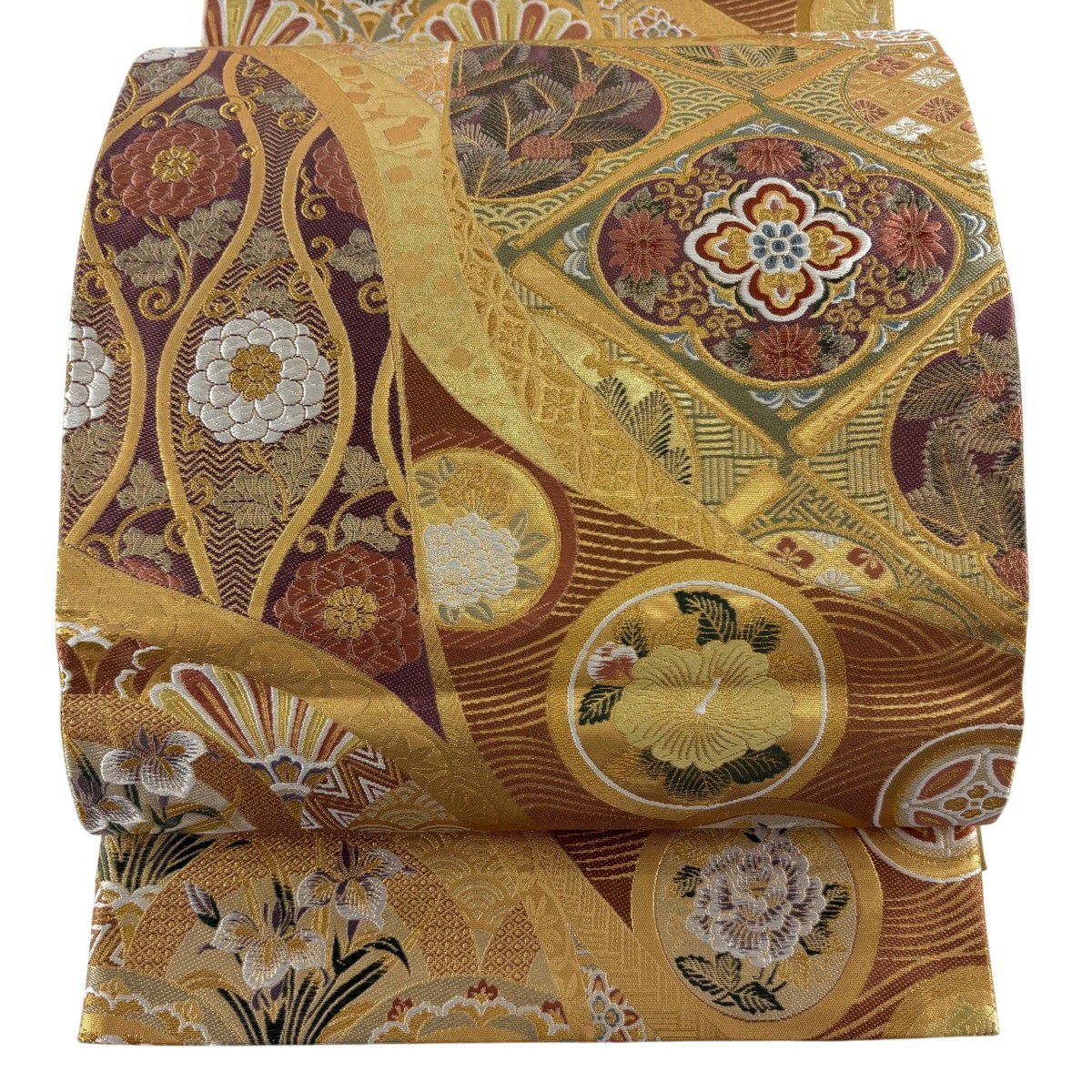 【美品】 袋帶 秀品級 華紋 花菱 金絲 金金箔 金色 六通 純蠶絲