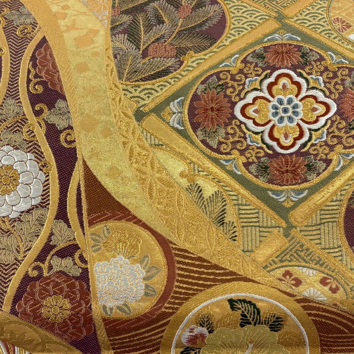 【美品】 袋帶 秀品級 華紋 花菱 金絲 金金箔 金色 六通 純蠶絲