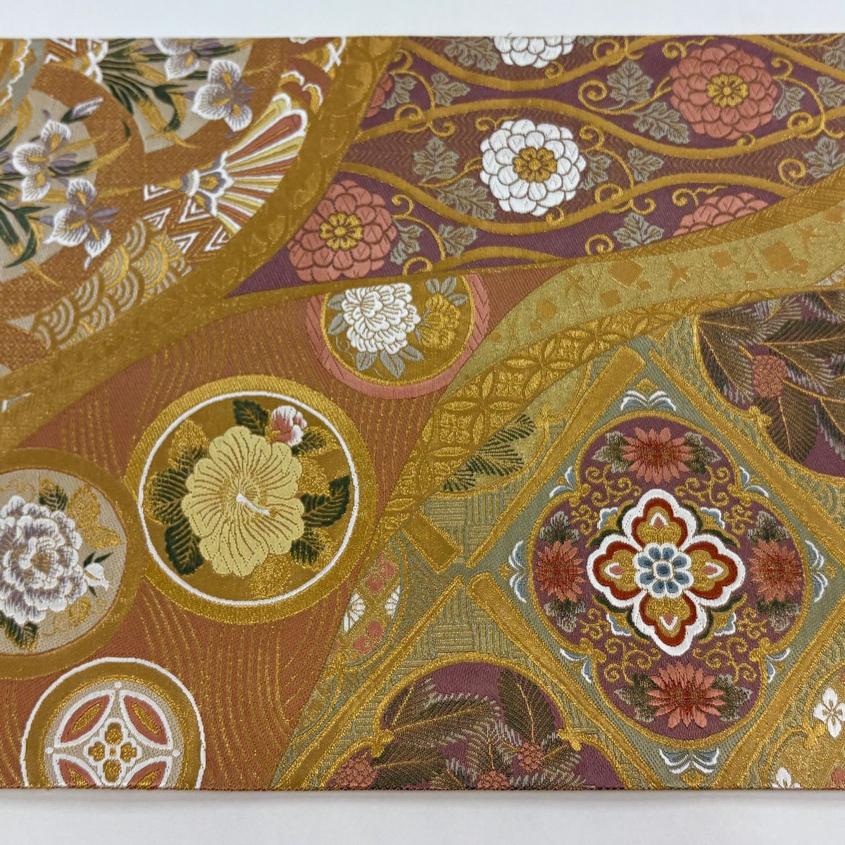 【美品】 袋帶 秀品級 華紋 花菱 金絲 金金箔 金色 六通 純蠶絲