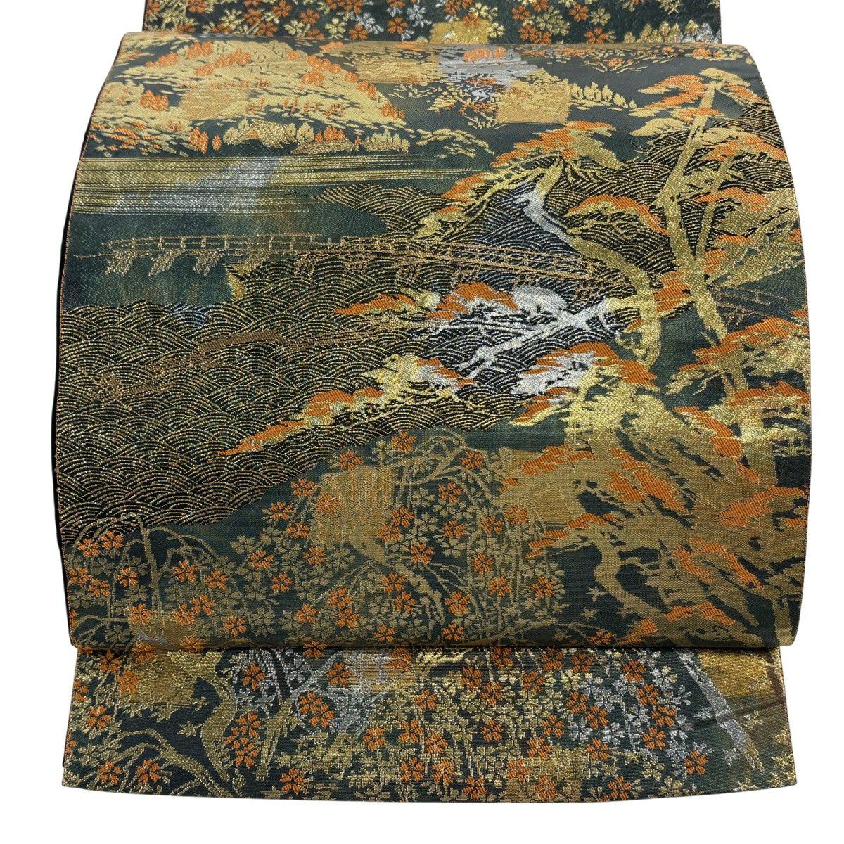 【美品】 袋帶 秀品級 服部織物 落款あり 山並 樹木 金金箔 金色 六通 純蠶絲