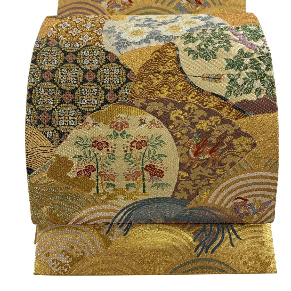 【美品】 袋帶 秀品級 關西仕立 草花紋紋 弓矢 金絲 金金箔 金色 六通 純蠶絲