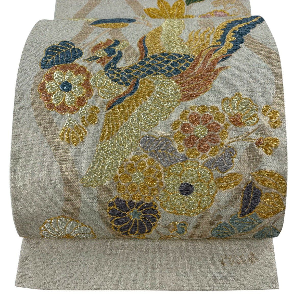 【美品】 袋帶 秀品級 となみ織物 落款 鳳凰 草花紋 金絲 金金箔 米色 六通 純蠶絲
