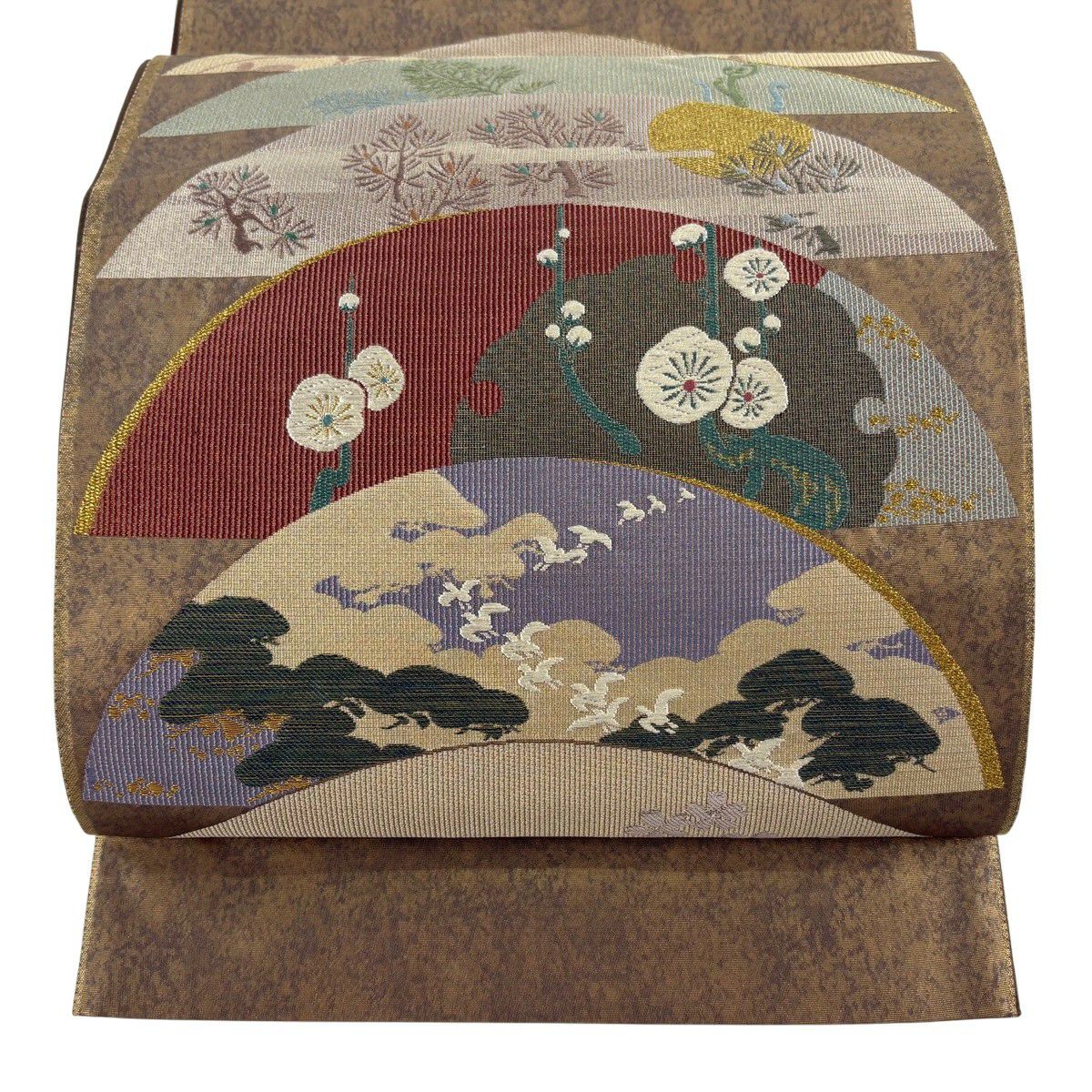 【美品】 袋帶 秀品級 松樹梅花 雪輪 金絲 金金箔 灰茶 お太鼓圖案 純蠶絲