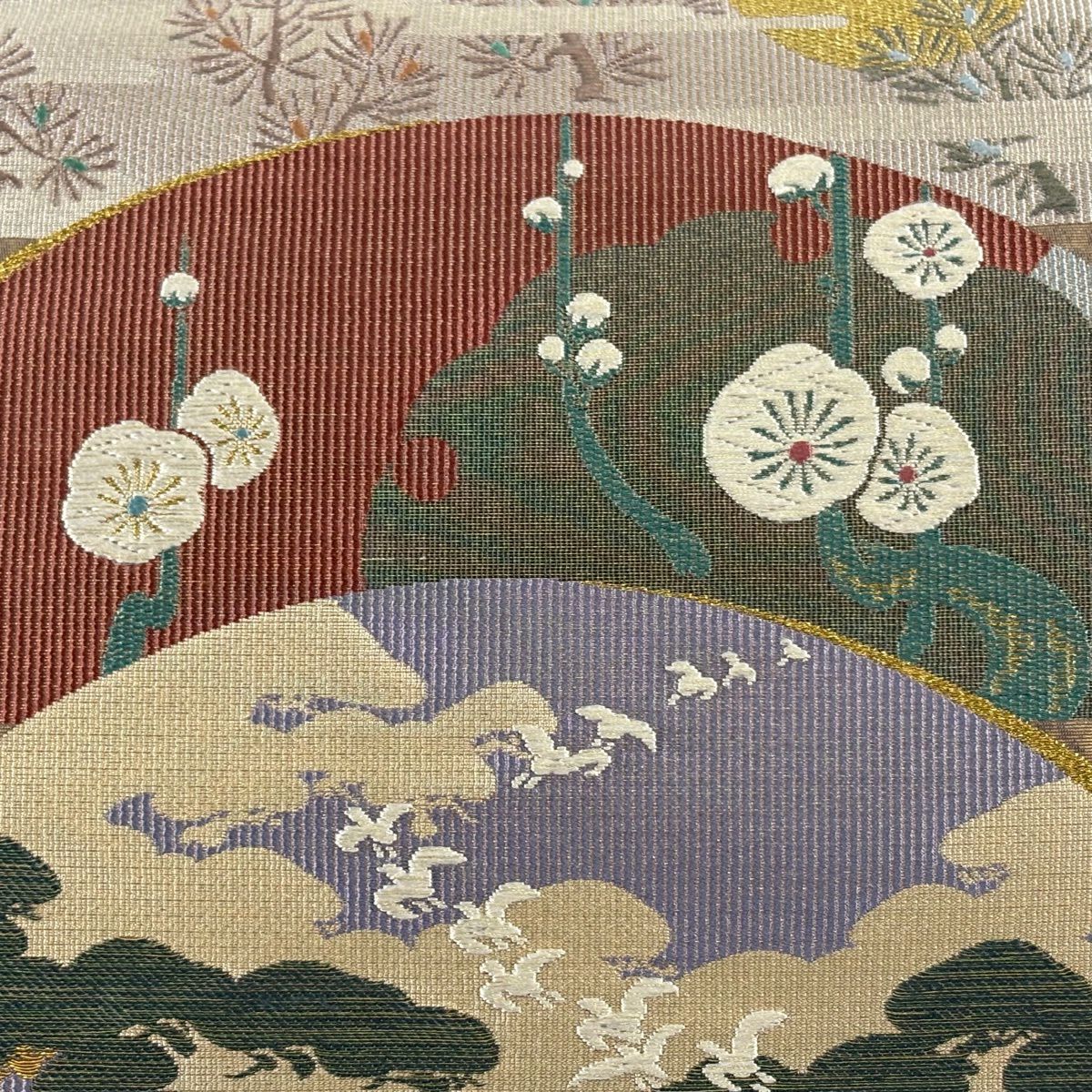 【美品】 袋帶 秀品級 松樹梅花 雪輪 金絲 金金箔 灰茶 お太鼓圖案 純蠶絲