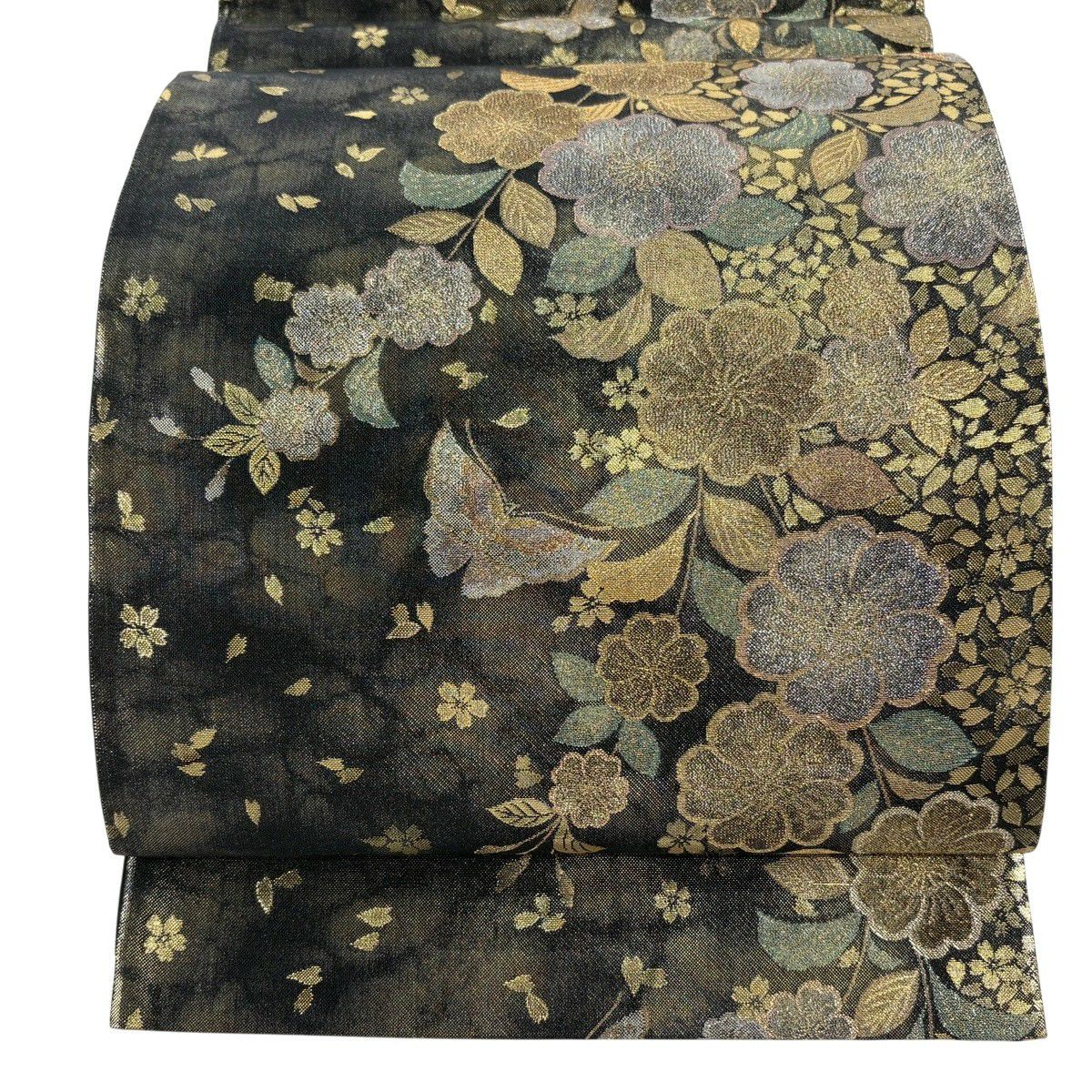 【美品】 袋帶 優品級 櫻花 蝴蝶 金絲 金金箔 墨色 六通 純蠶絲