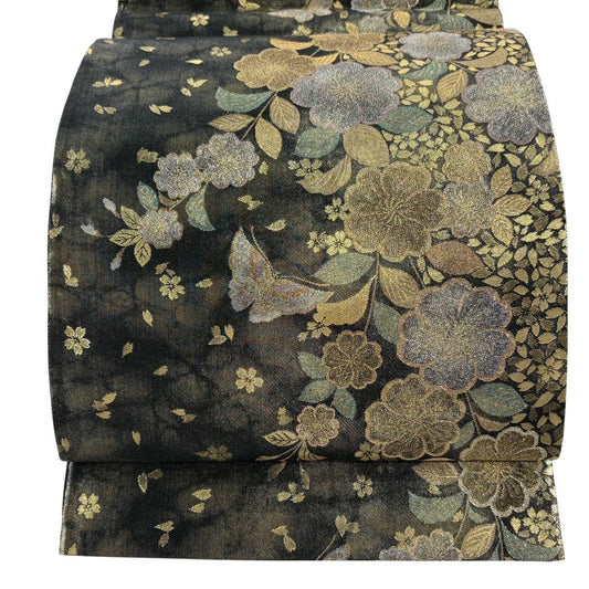 【美品】 袋帶 優品級 櫻花 蝴蝶 金絲 金金箔 墨色 六通 純蠶絲