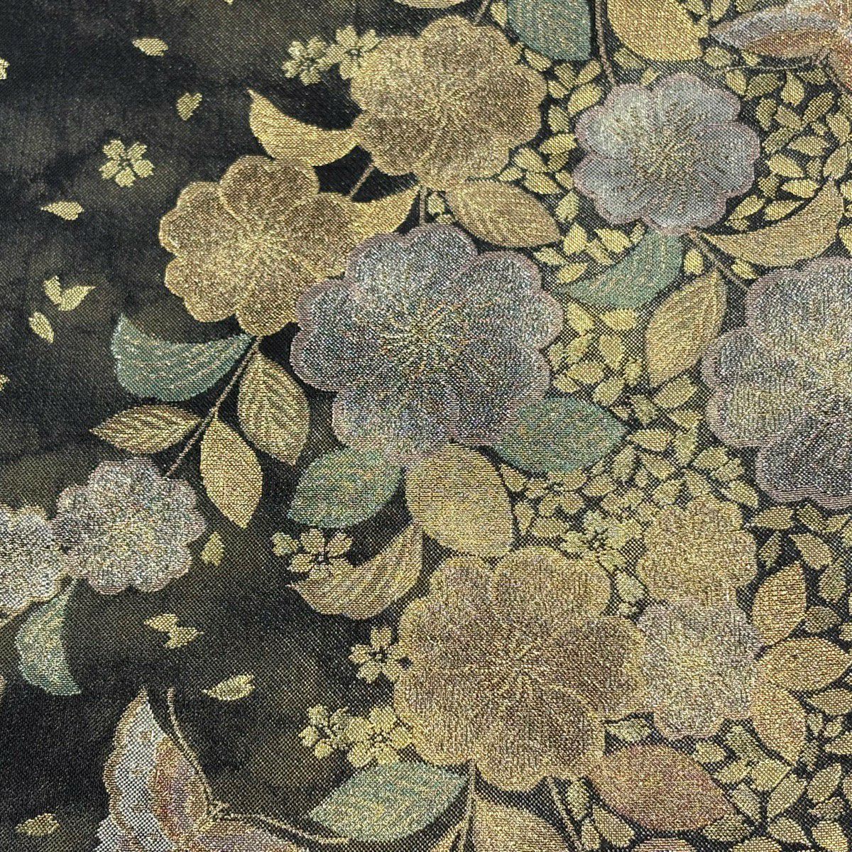 【美品】 袋帶 優品級 櫻花 蝴蝶 金絲 金金箔 墨色 六通 純蠶絲