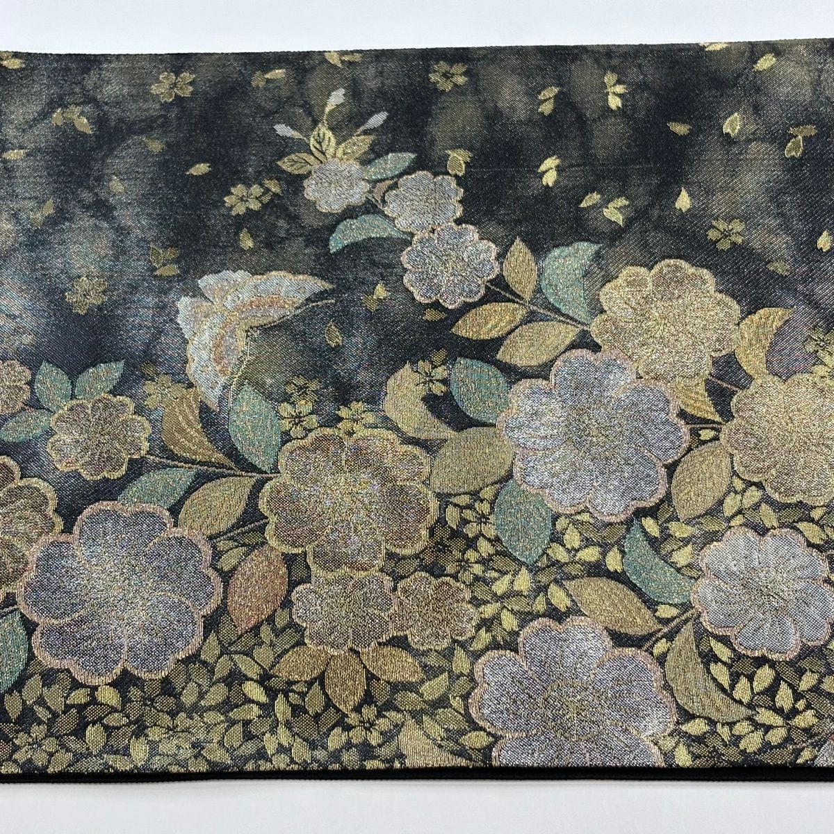 【美品】 袋帶 優品級 櫻花 蝴蝶 金絲 金金箔 墨色 六通 純蠶絲