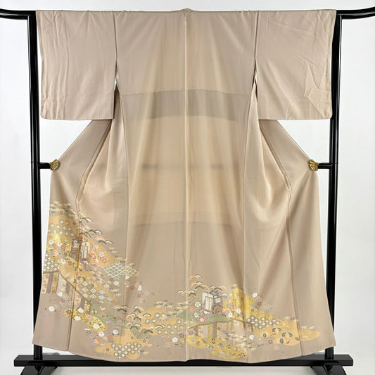 色留袖禮服 身長156cm 袖長64.5cm M 雙層 御所車 龜甲 金絲 金銀彩 淺茶 純蠶絲 秀品級 一個紋