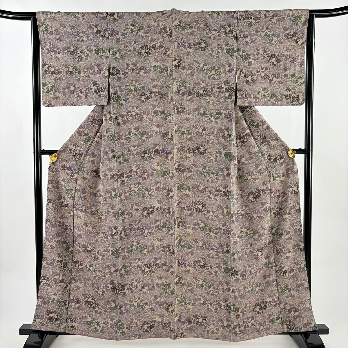 【美品】 小紋 身長160cm 袖長64cm M 雙層 波頭 草花紋紋 絞染 灰茶 純蠶絲 秀品級