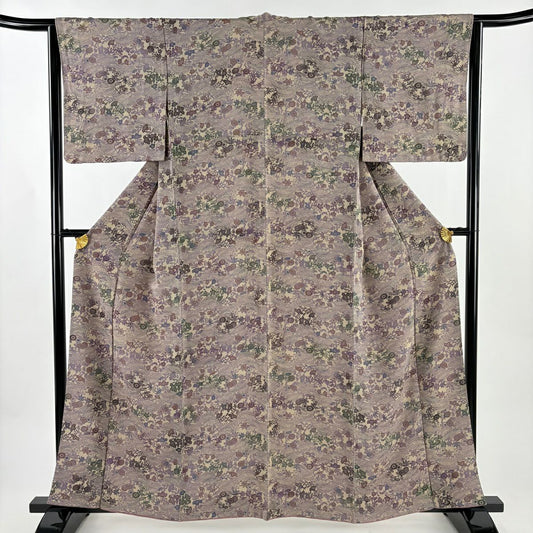 【美品】 小紋 身長160cm 袖長64cm M 雙層 波頭 草花紋紋 絞染 灰茶 純蠶絲 秀品級