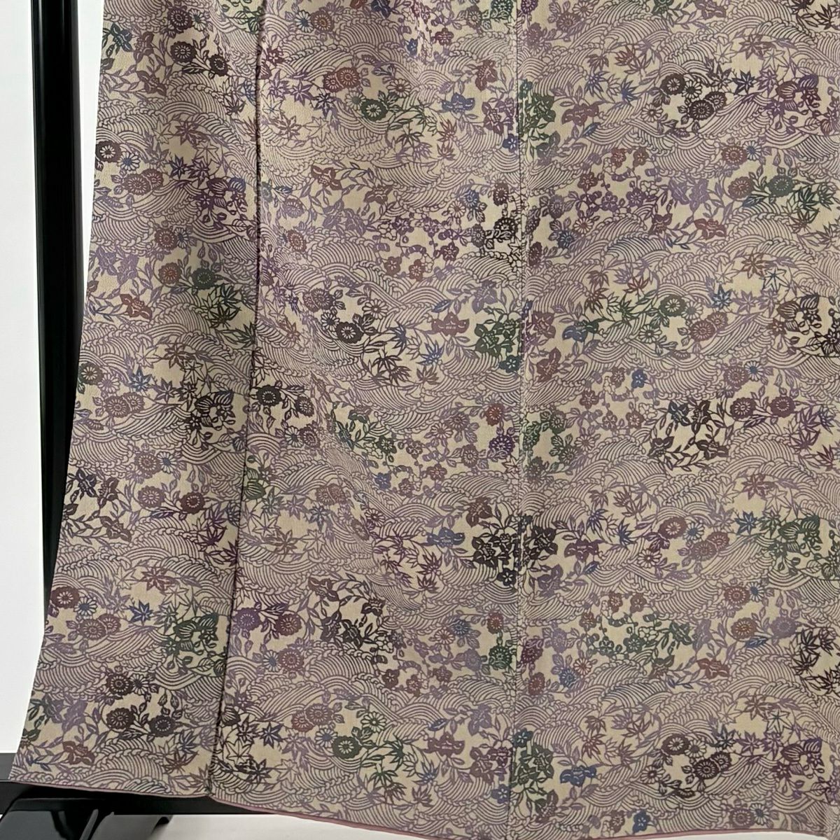 【美品】 小紋 身長160cm 袖長64cm M 雙層 波頭 草花紋紋 絞染 灰茶 純蠶絲 秀品級