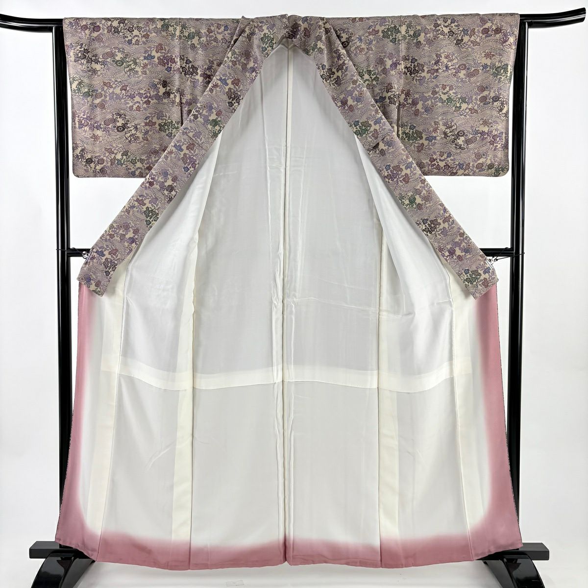 【美品】 小紋 身長160cm 袖長64cm M 雙層 波頭 草花紋紋 絞染 灰茶 純蠶絲 秀品級