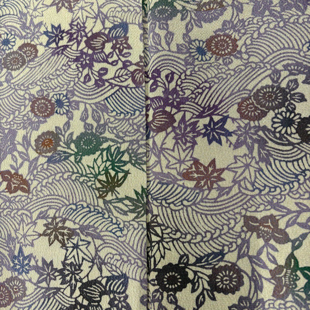 【美品】 小紋 身長160cm 袖長64cm M 雙層 波頭 草花紋紋 絞染 灰茶 純蠶絲 秀品級