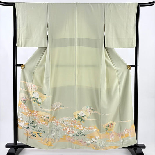 色留袖禮服 身長160cm 袖長63.5cm S 雙層 扇子面 草花紋 金絲 金銀彩 淡綠 純蠶絲 秀品級 三個紋