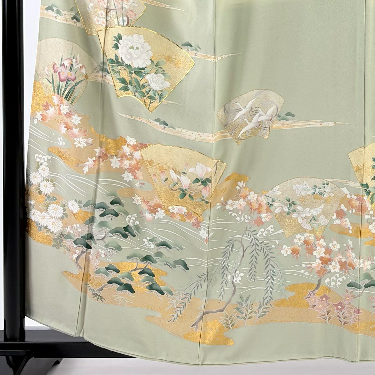 色留袖禮服 身長160cm 袖長63.5cm S 雙層 扇子面 草花紋 金絲 金銀彩 淡綠 純蠶絲 秀品級 三個紋