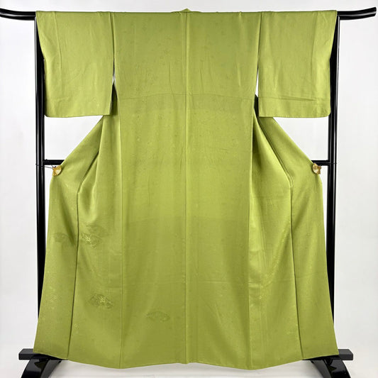 付下 身長160.5cm 袖長65.5cm M 雙層 大和 扇子面 枝梅花 刺繡 鶯 綠 純蠶絲 優品級