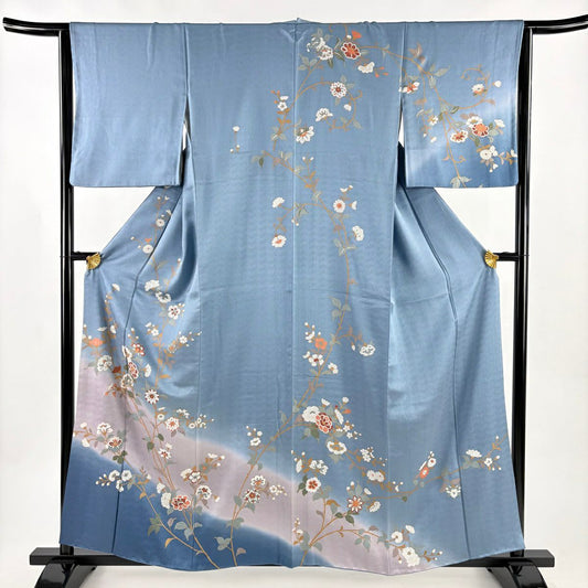 訪問服 身長159cm 袖長64cm M 雙層 草花紋紋 金彩裝飾 染分 青灰色 純蠶絲 秀品級