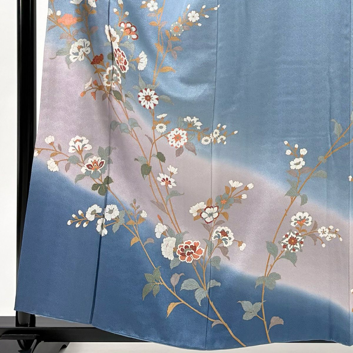 訪問服 身長159cm 袖長64cm M 雙層 草花紋紋 金彩裝飾 染分 青灰色 純蠶絲 秀品級