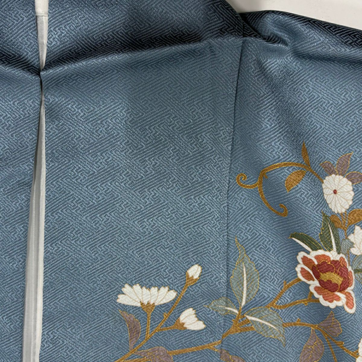 訪問服 身長159cm 袖長64cm M 雙層 草花紋紋 金彩裝飾 染分 青灰色 純蠶絲 秀品級