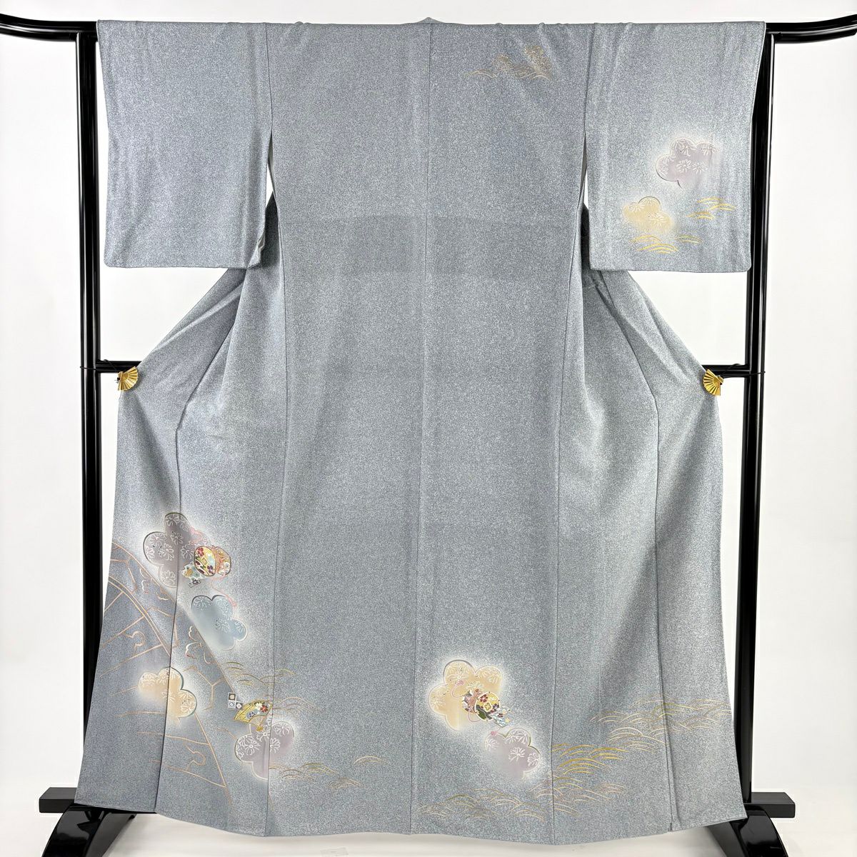 訪問服 身長162.5cm 袖長64cm M 雙層 鏡裏文 花 金彩裝飾 漸層 青灰 純蠶絲 秀品級