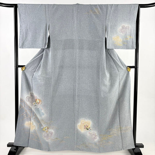 訪問服 身長162.5cm 袖長64cm M 雙層 鏡裏文 花 金彩裝飾 漸層 青灰 純蠶絲 秀品級