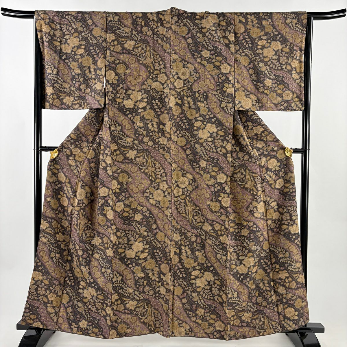 【美品】 小紋 身長159.5cm 袖長66cm M 雙層 紬織織 辻花染 霞 焦茶 純蠶絲 秀品級