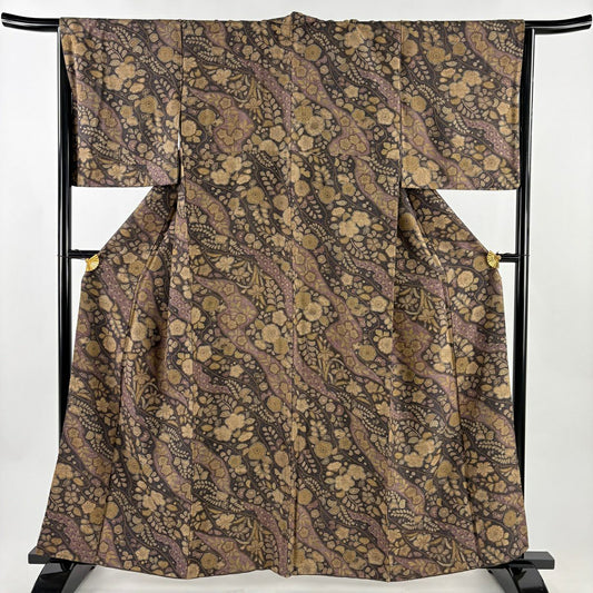 【美品】 小紋 身長159.5cm 袖長66cm M 雙層 紬織織 辻花染 霞 焦茶 純蠶絲 秀品級