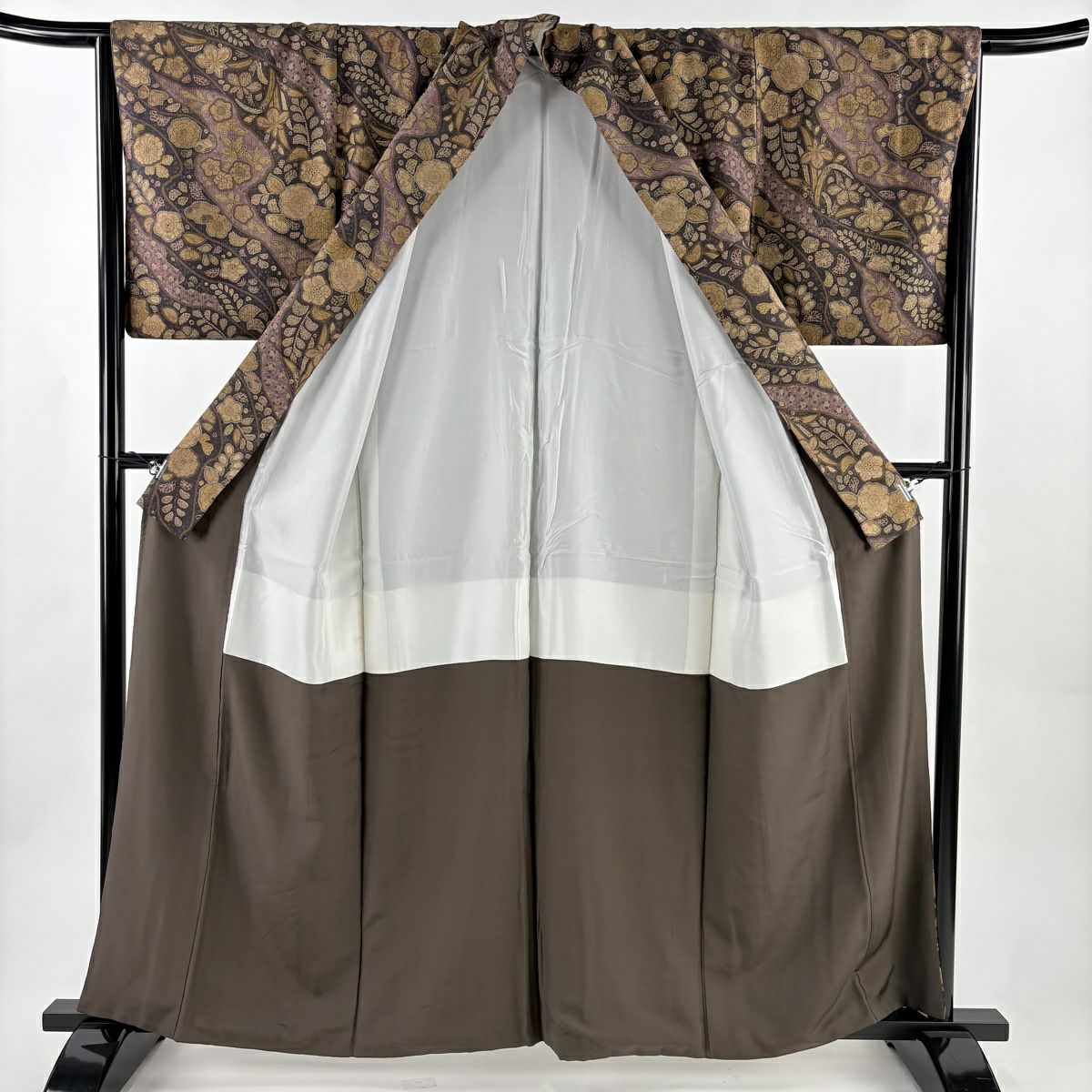 【美品】 小紋 身長159.5cm 袖長66cm M 雙層 紬織織 辻花染 霞 焦茶 純蠶絲 秀品級
