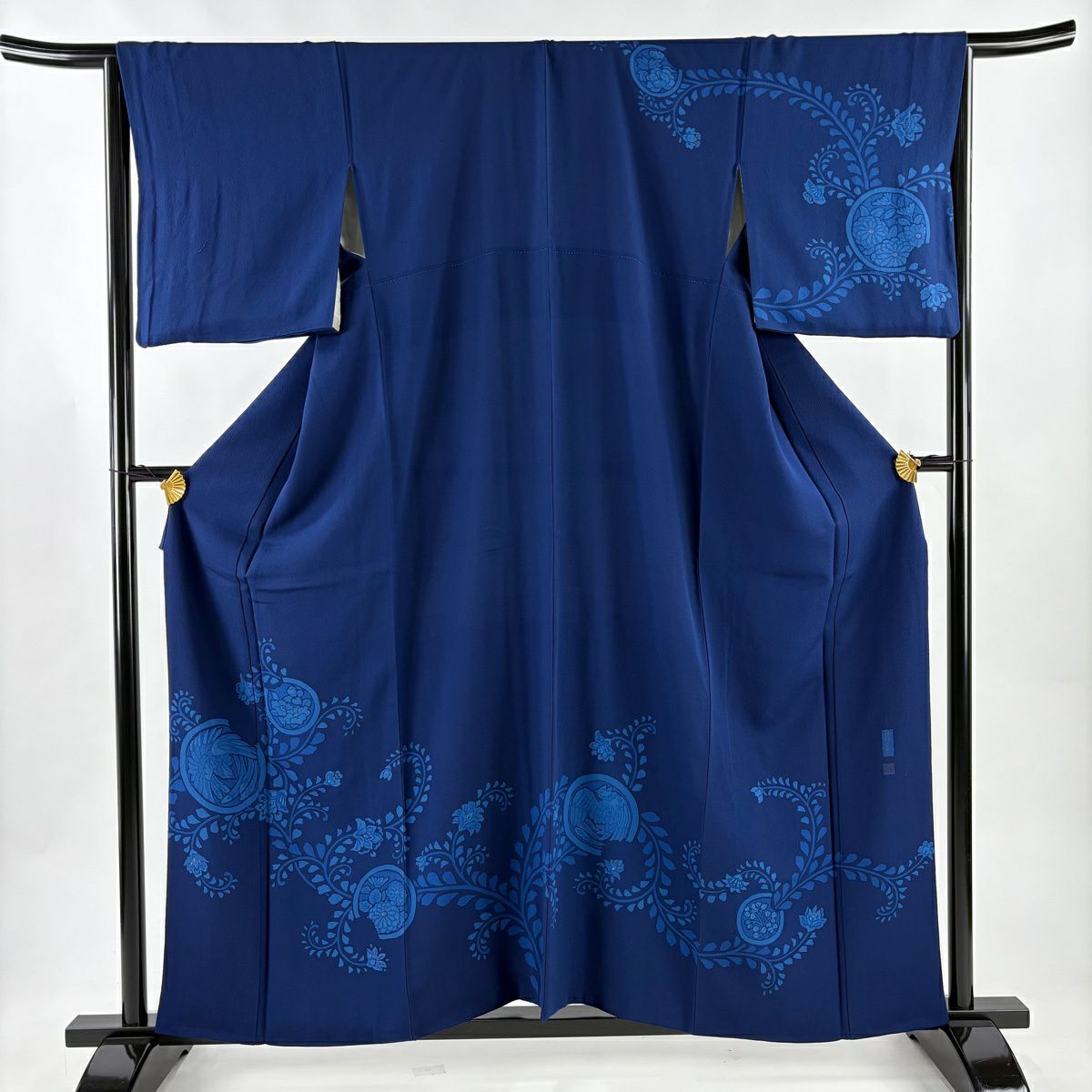 訪問服 身長159.5cm 袖長66cm M 雙層 落款あり 花唐草紋 鳥 絞織 藍色 純蠶絲 秀品級