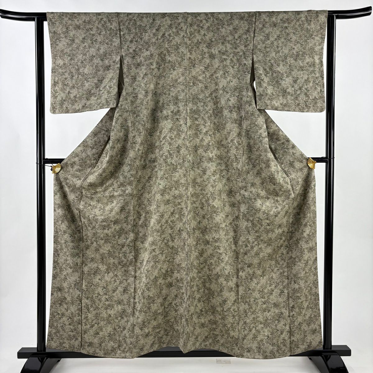 【美品】 小紋 身長158cm 袖長62cm S 雙層 幾何學圖案 葉 灰綠 純蠶絲 秀品級