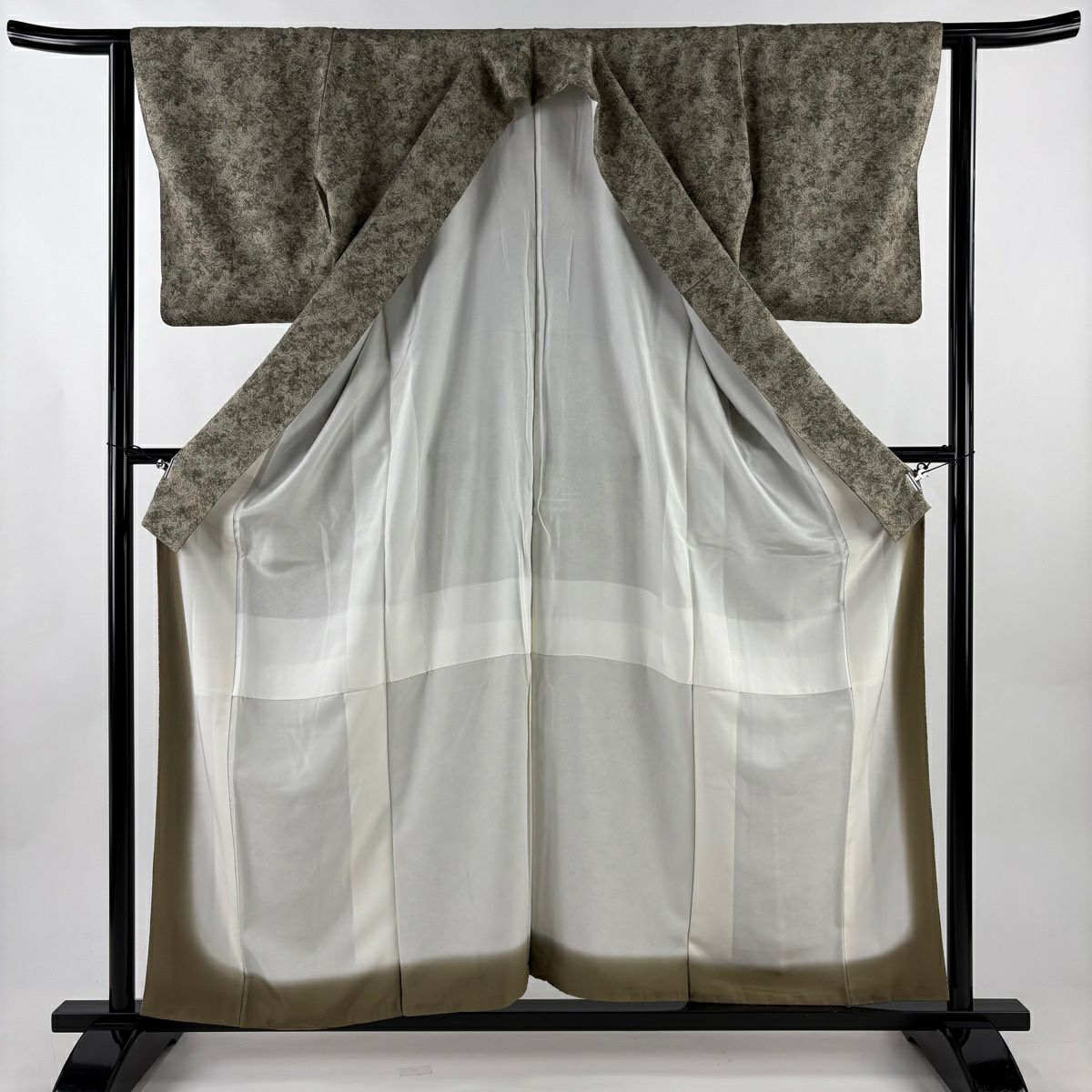【美品】 小紋 身長158cm 袖長62cm S 雙層 幾何學圖案 葉 灰綠 純蠶絲 秀品級