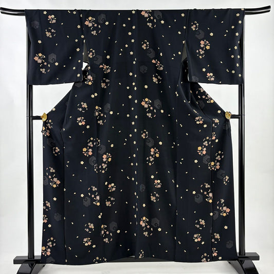 【美品】 小紋 身長160.5cm 袖長67cm M 雙層 櫻花 龜甲 金銀彩 黑 純蠶絲 優品級